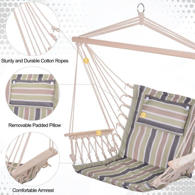 Outsunny Garden Outdoor Hanging Hammock Chair Thick Rope Frame Wooden Arms Safe Wide Seat Garden Outdoor Spot Stylish Multicoloured stripes