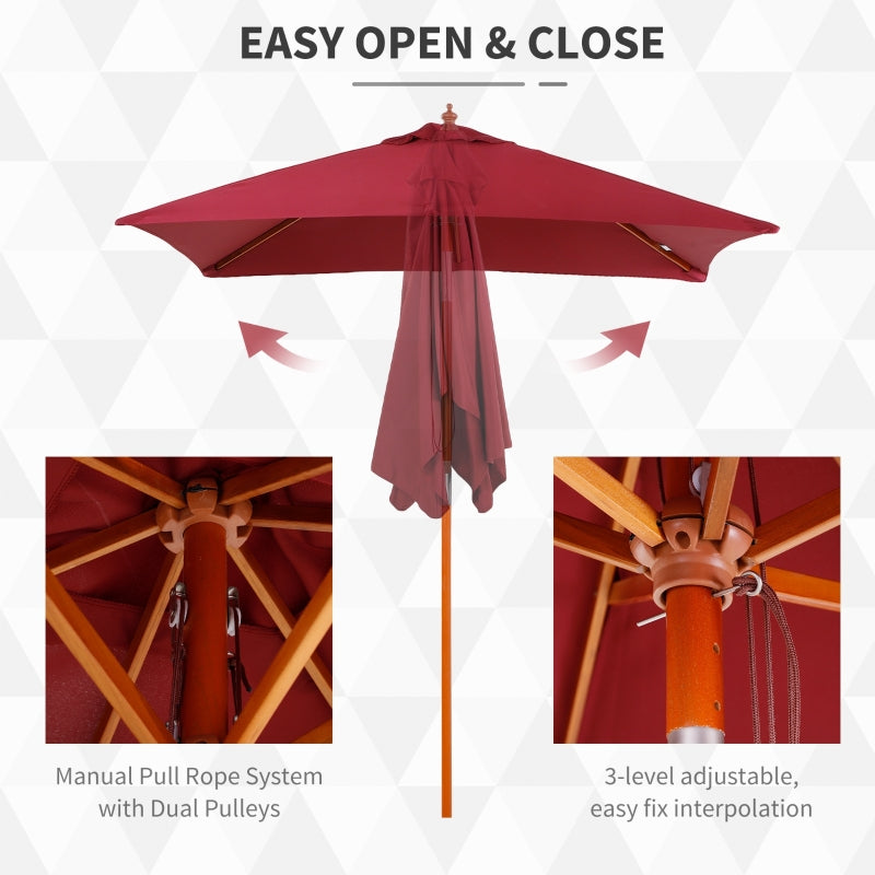 Outsunny 2 x 1.5m Patio Garden Parasol Sun Umbrella Sunshade Canopy Outdoor Backyard Furniture Fir Wooden Pole 6 Ribs Tilt Mechanism - Wine Red