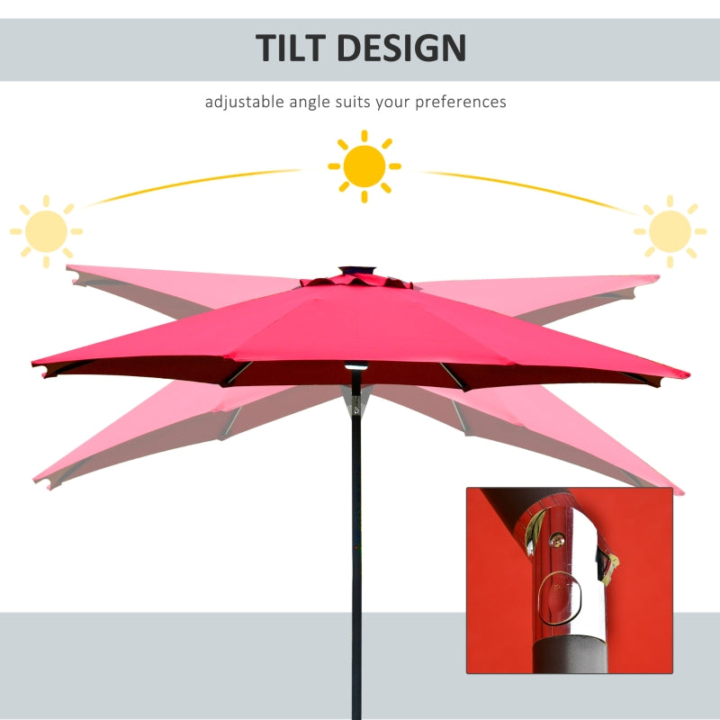 Outsunny 2.7m Garden Parasol Sun Umbrella Patio Summer Shelter w/ LED Solar Light, Angled Canopy, Vent, Crank Tilt, Red