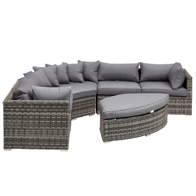 Outsunny 6-Seater Outdoor Rattan Wicker Sofa Set Half Round Patio Conversation Furniture Set w/ Cushions Grey