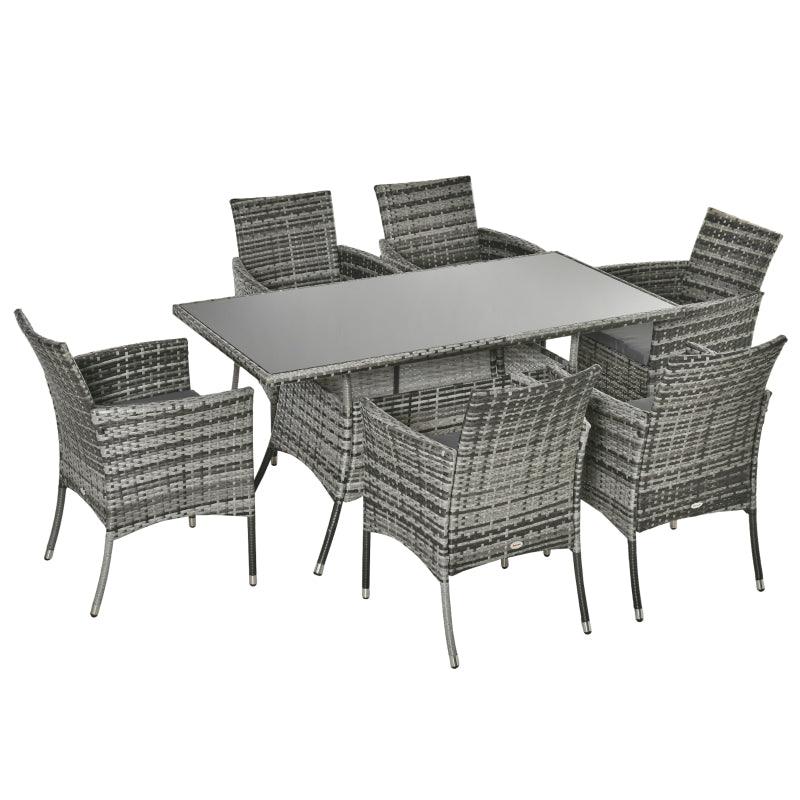 Outsunny 6-Seater Rattan Dining Set Garden Furniture Patio Rectangular Table Cube Chairs Outdoor Fire Retardant Sponge Grey