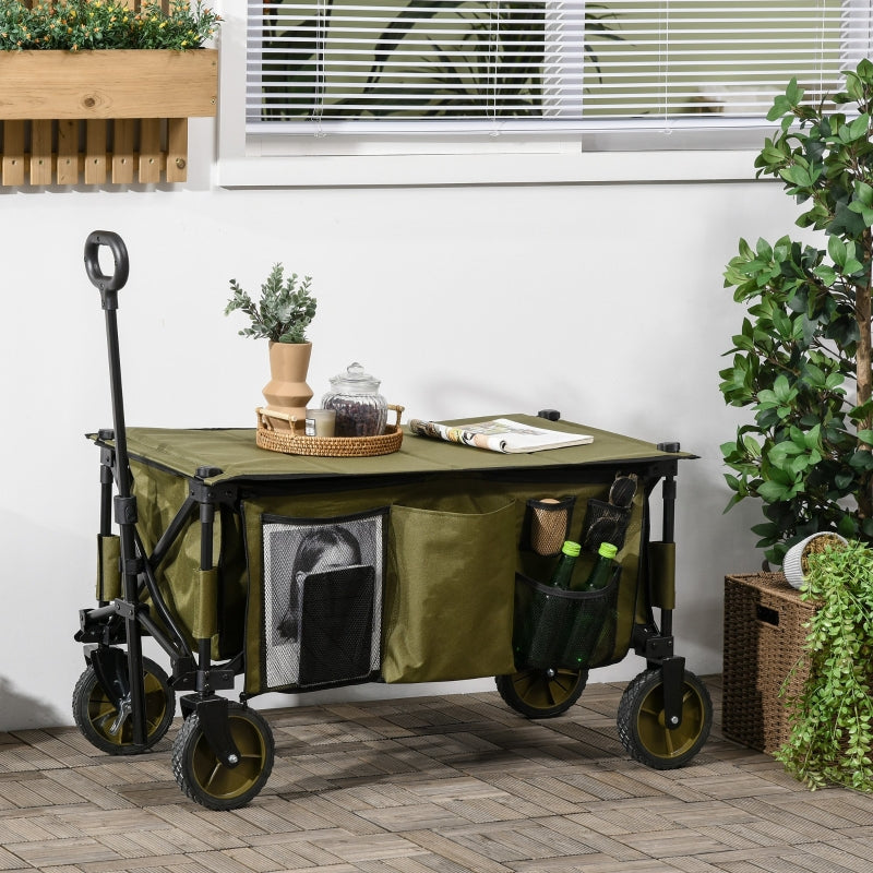 Outsunny Folding Garden Trolley on Wheels, Collapsible Camping Trolley with Folding Board, Outdoor Utility Wagon with Steel Frame Oxford Fabric Green