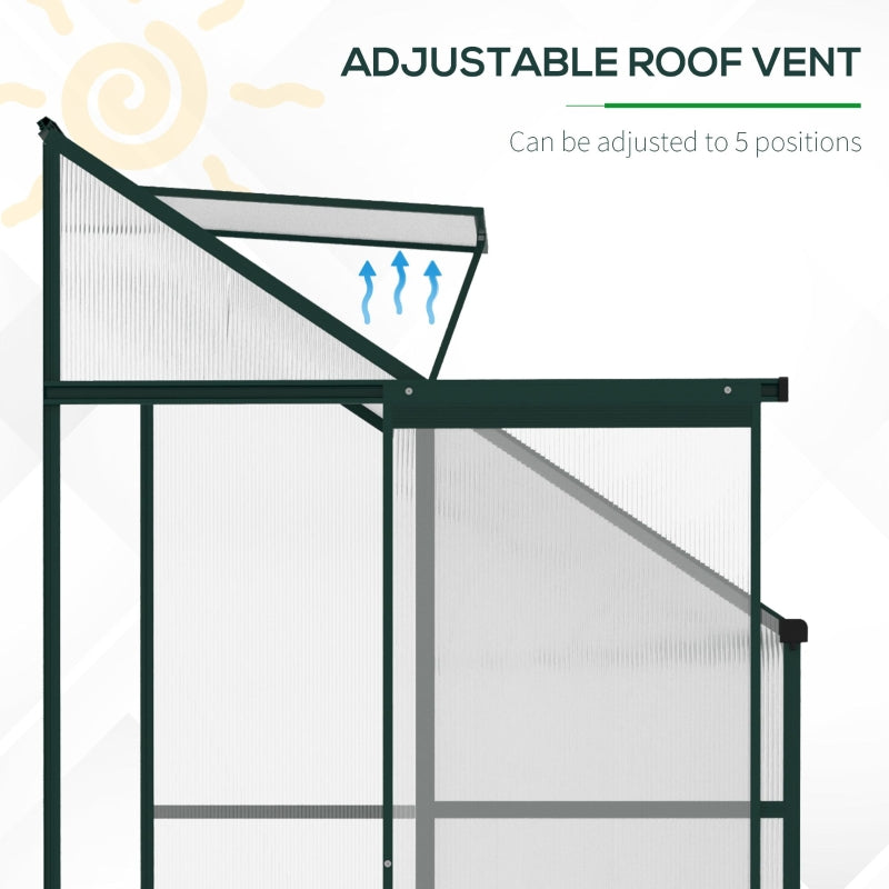 Outsunny Walk-In Lean to Greenhouse Garden Heavy Duty Aluminium Polycarbonate with Roof Vent for Plants Herbs Vegetables, Green, 192 x 127 x 220 cm