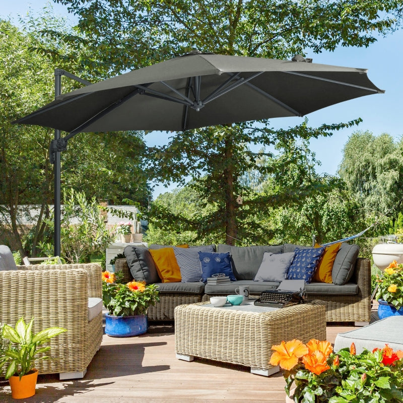 Outsunny 3 x 3(m) Cantilever Parasol with Cross Base, Garden Umbrella with 360° Rotation, Crank Handle and Tilt for Outdoor, Patio, Grey