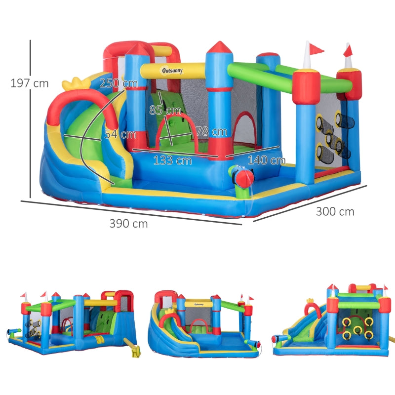 Outsunny 5 in 1 Kids Bounce Castle Large Castle Style Inflatable House Slide Trampoline Pool Water Gun Climbing Wall for Kids Age 3-8