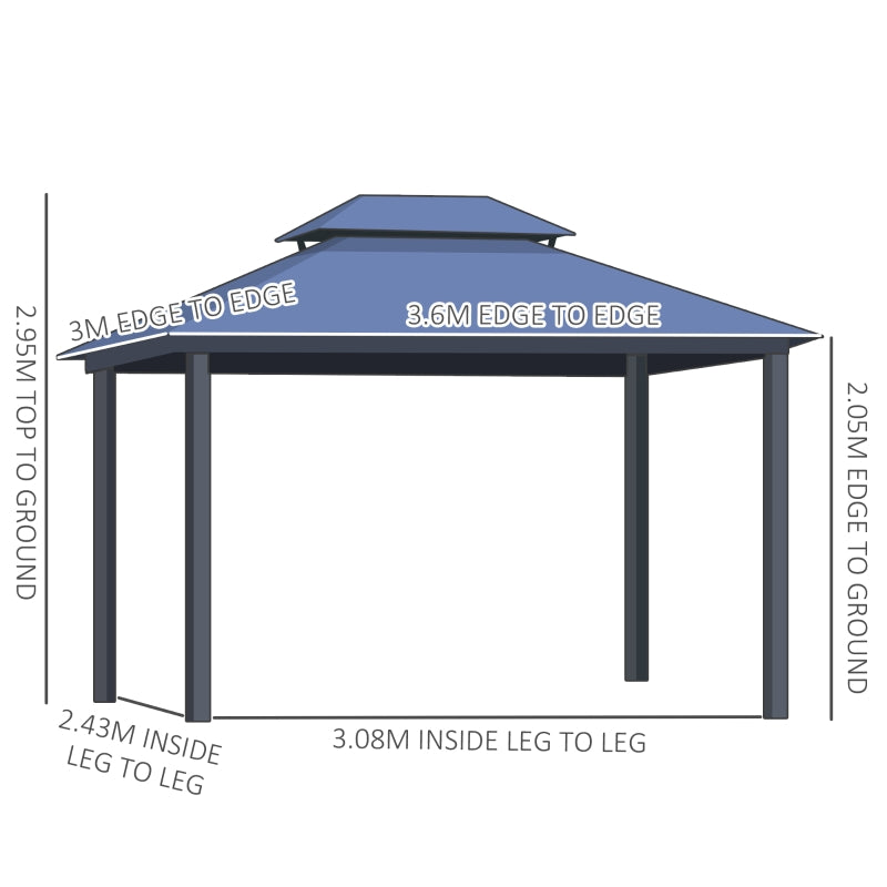 Outsunny 3.6 x 3(m) Polycarbonate Hardtop Gazebo Canopy with Double-Tier Roof and Aluminium Frame, Garden Pavilion with Mosquito Netting and Curtains