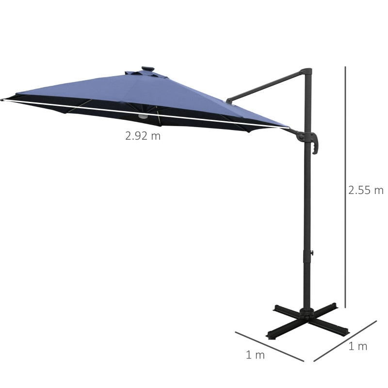 Outsunny 3(m) Cantilever Roma Parasol Garden Sun Umbrella Outdoor Patio with LED Solar Light Cross Base 360° Rotating, Blue