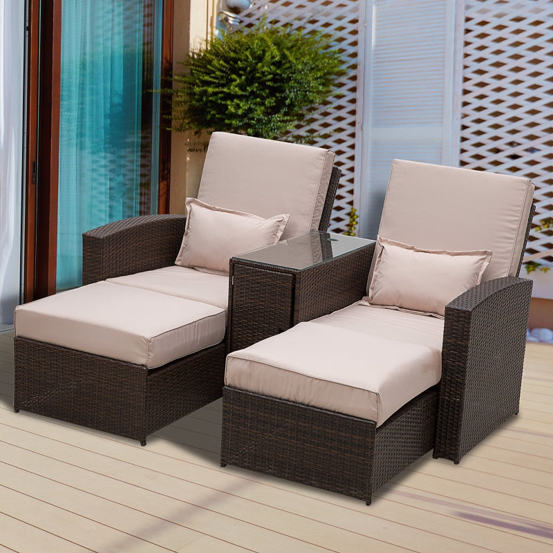 Outsunny Outdoor Garden Rattan Companion Sofa Chair & Stool Lounger Recliner Love Sunbed Daybed Patio Wicker Weave Furniture Set Assembled Brown