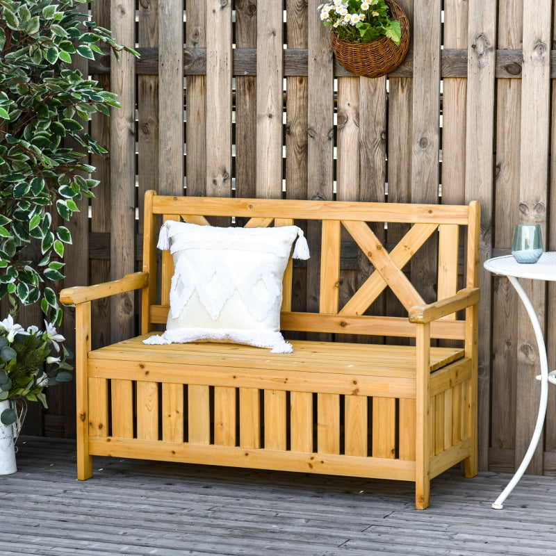 Outsunny Wood Garden Bench 2 Seater Storage Chest Patio Seating Chair with High Back and Armrest