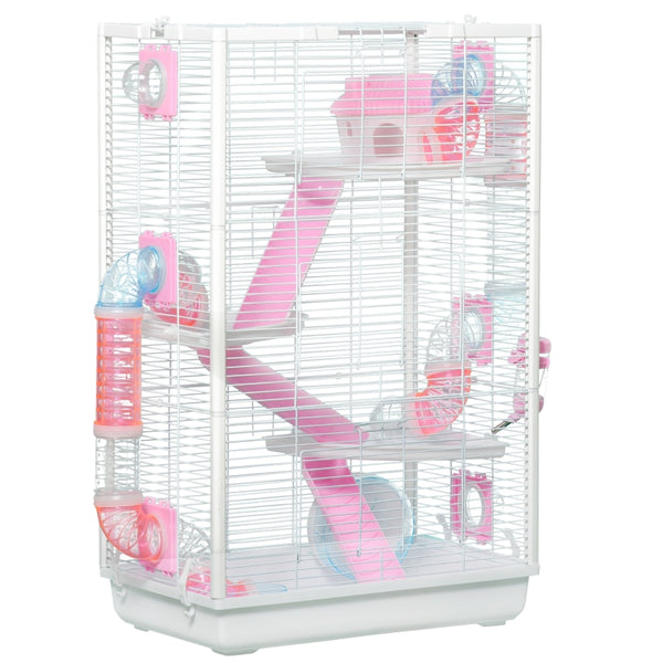 PawHut 4-Tier Hamster Cage, Gerbilarium Cage w/ Tubes, Exercise Wheel, Hut, Ramps, Platforms, 47 x 29.5 x 76cm