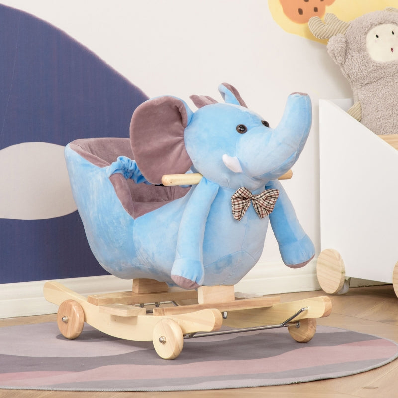 HOMCOM 2 In 1 Plush Baby Ride on Rocking Horse Elephant Rocker with Wheels Wooden Toy for Kids 32 Songs (Blue)