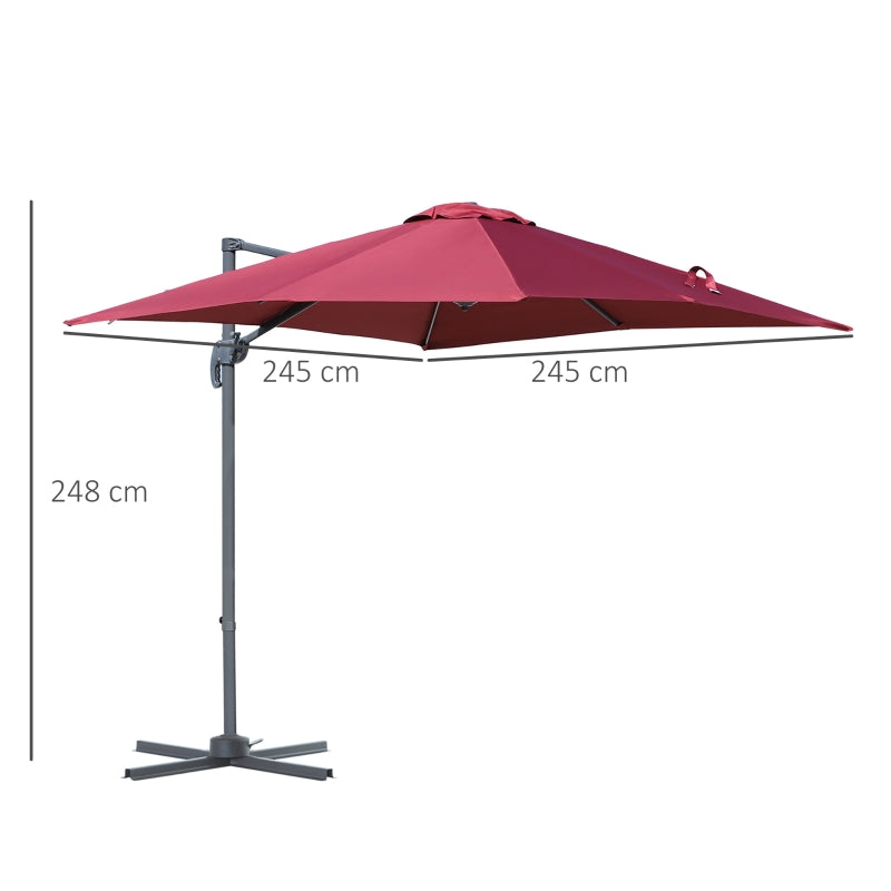 Outsunny 2.5 x 2.5m Cantilever Paraso Patio Offset l Umbrella Hanging Sun Shade Canopy Shelter 360° Rotation with Cross Base - Red