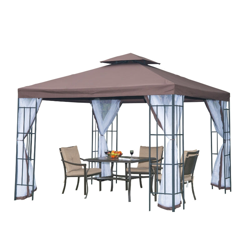 Outsunny 3 x 3(m) Patio Gazebo Canopy Garden Pavilion Tent Shelter with 2 Tier Roof and Mosquito Netting, Steel Frame, Coffee