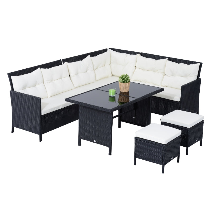 Outsunny 8-Seater Garden Rattan Furniture Rattan Corner Dining Set Outdoor Wicker Conservatory Furniture Lawn Patio Coffee Table Foot Stool, Black