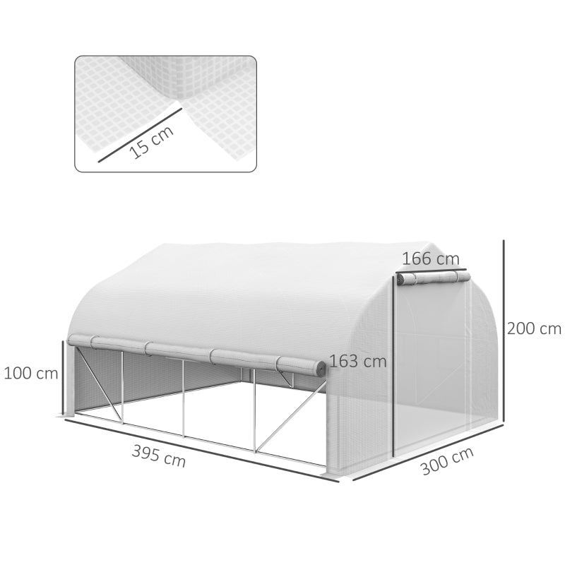 Outsunny 4 x 3(m) Walk-in Polytunnel Greenhouse, Zipped Roll Up Sidewalls, Mesh Door, 8 Mesh Windows, Tunnel Warm House Tent with PE Cover, Complimentary Plant Labels and Gloves, White