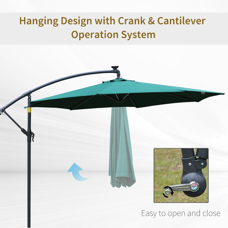 Outsunny 3m LED Cantilever Patio Banana Parasol w/ Crank Cross Base Hanging Offset Umbrella Frame Steel Aluminium Garden Table Outdoor Green