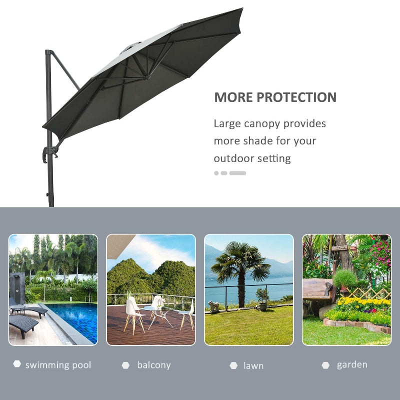 Outsunny 3(m) Patio Offset Parasol Roma Umbrella Cantilever Hanging Sun Shade Canopy Shelter 360° Rotation with Cross Base - Dark Grey