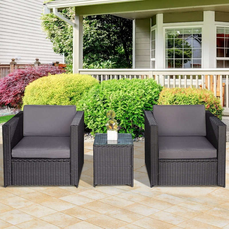 Outsunny 3 pcs PE Rattan Garden Furniture Patio Bistro Set Weave Conservatory Sofa Table and Chairs Set Black