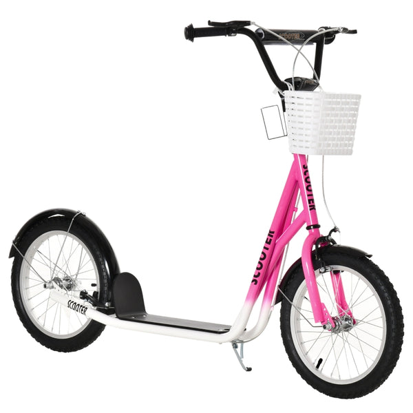 HOMCOM Kids Kick Scooter Teen Ride On Children Scooter with Adjustable Handlebar 2 Brakes Basket Cupholder Mudguard 16" Inflatable Rubber Tyres Pink