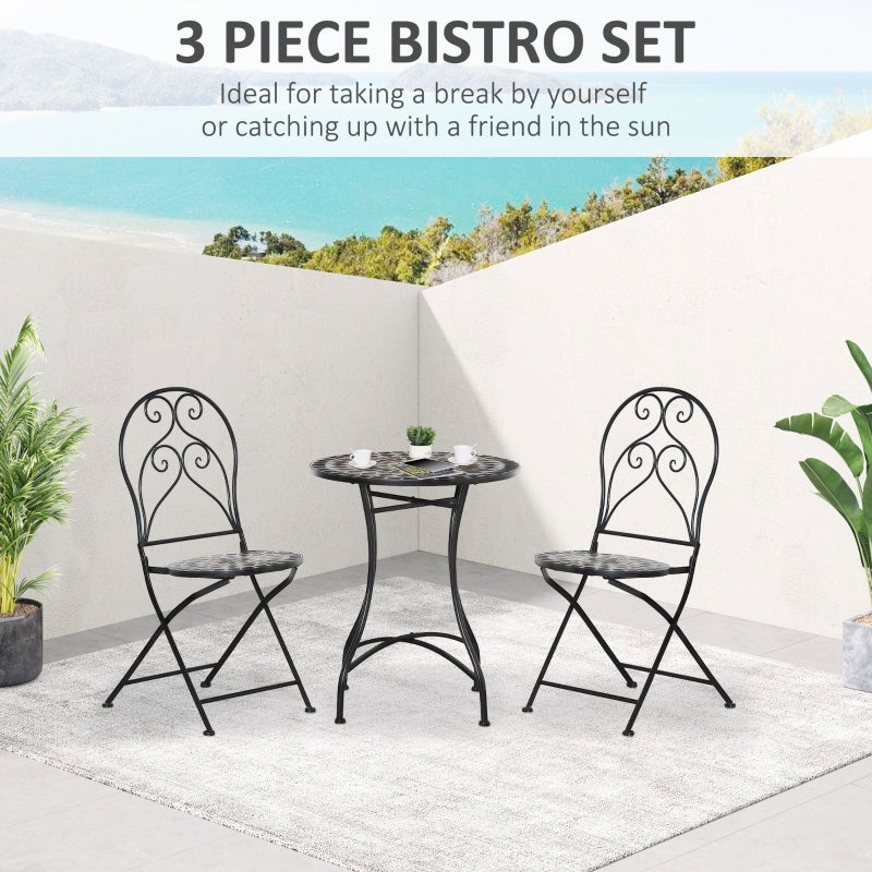 Outsunny 3 Piece Garden Outdoor Bistro Set with Coffee Table and 2 Folding Chairs, Mosaic Tile Top and Seats, Metal Frame, for Patio Balcony