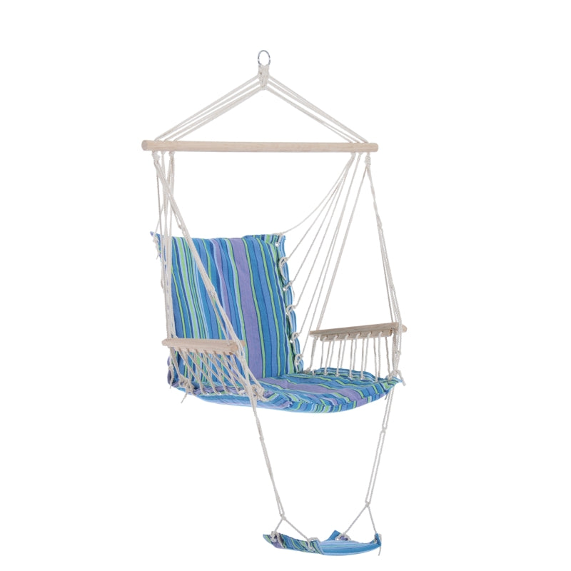 Outsunny Outdoor Hammock Hanging Rope Chair Garden Yard Patio Swing Seat Wooden w/ Footrest Armrest Cotton Cloth (Blue)