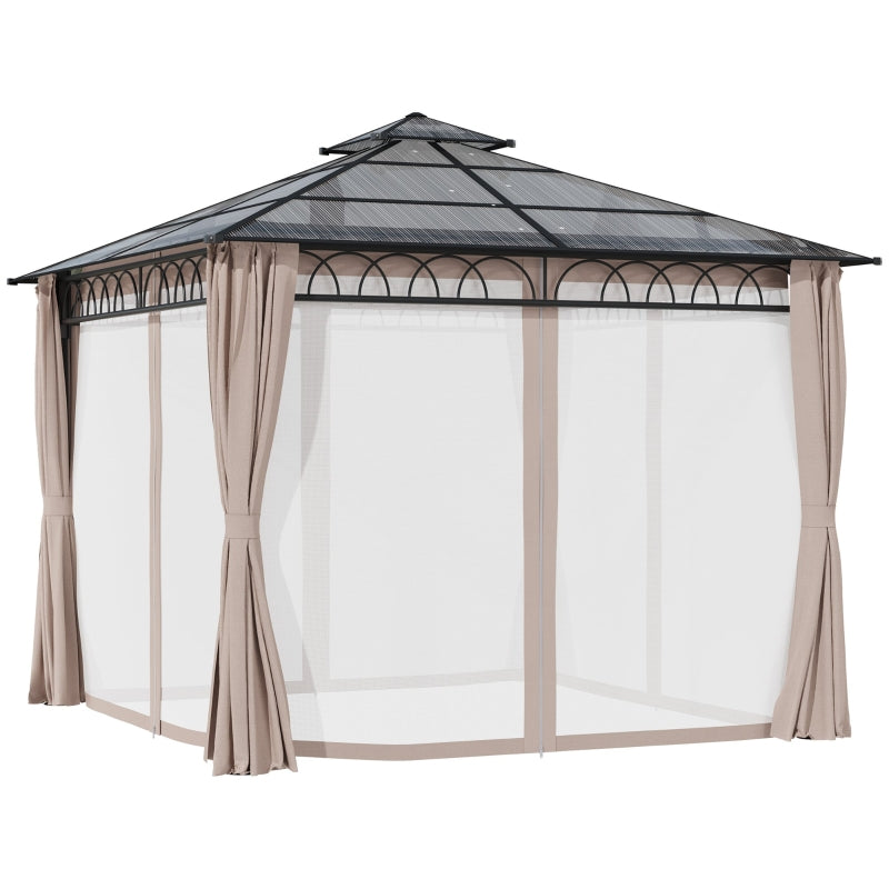 Outsunny 3 x 3 (m) Outdoor Polycarbonate Gazebo, Double Roof Hard Top Gazebo with Galvanized Steel Frame, Nettings & Curtains