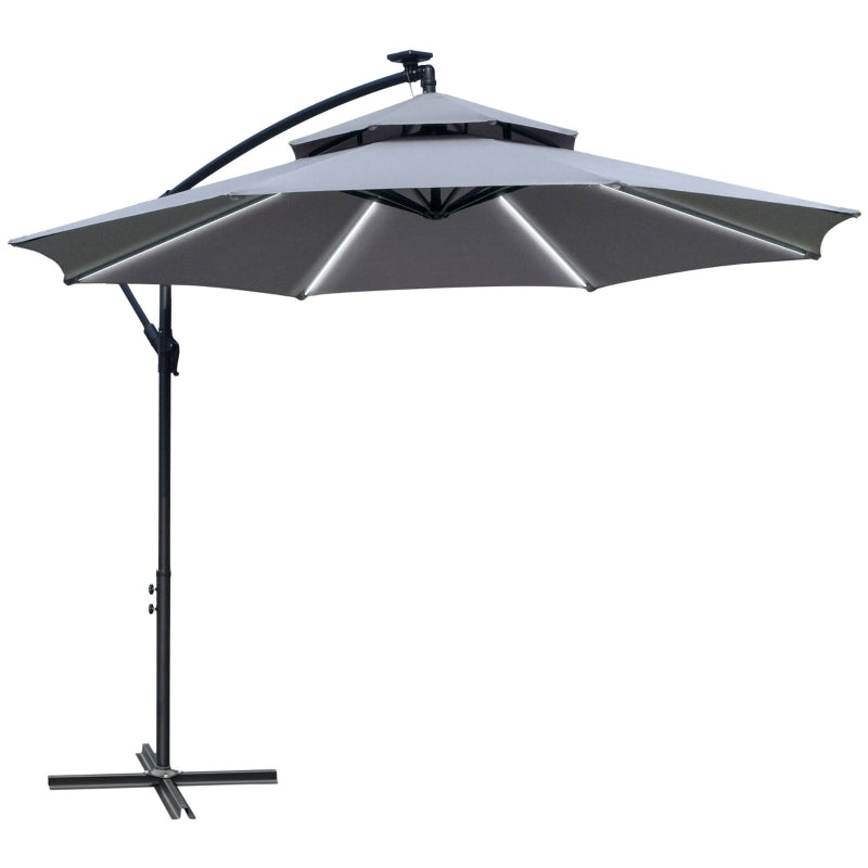 Outsunny 3(m) Cantilever Banana Parasol Hanging Umbrella with Double Roof, LED Solar lights, Crank, 8 Sturdy Ribs and Cross Base for Outdoor, Garden