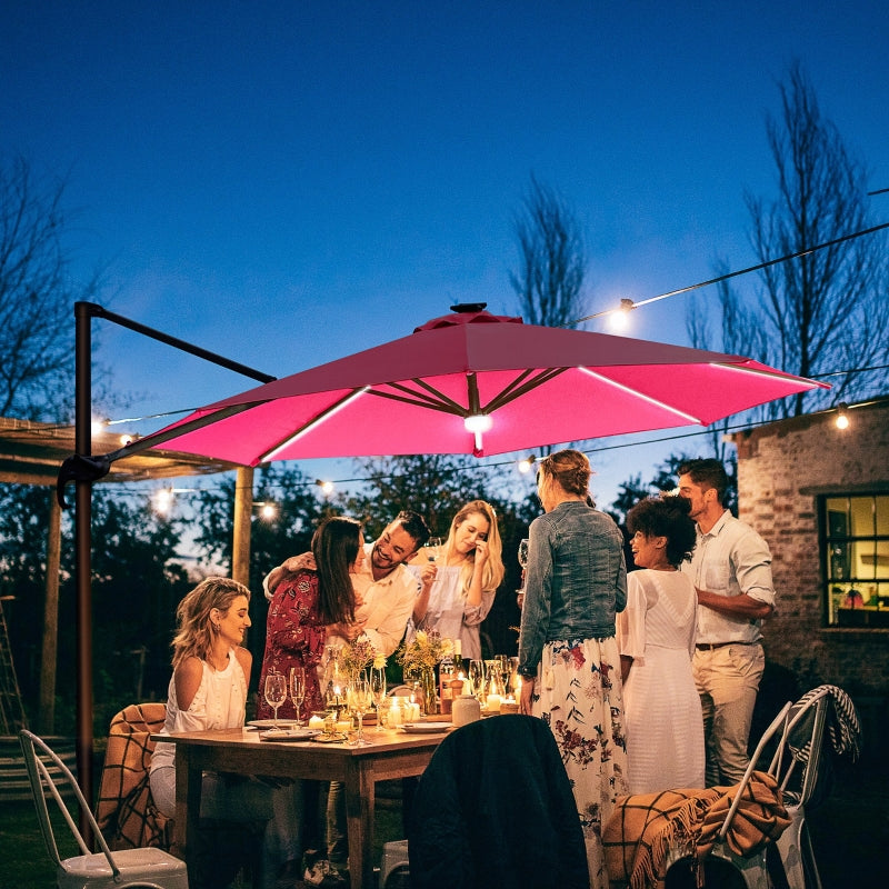 Outsunny 3(m) Cantilever Roma Parasol Adjustable Garden Sun Umbrella with LED Solar Light Cross Base 360° Rotating, Red