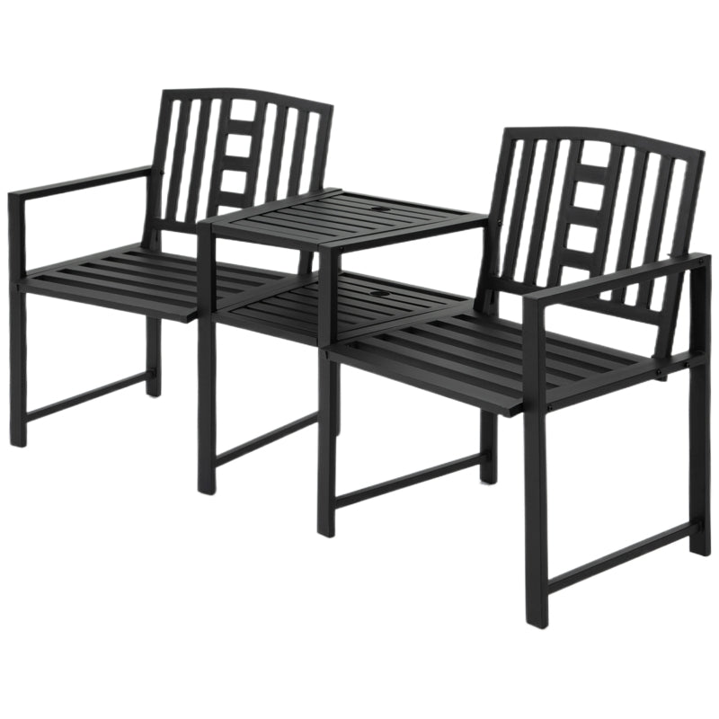 Outsunny Patio Tete-a-tete Chair 2 Seat Bench Middle Coffee Table w/ Umbrella Hole for Outdoors Decorative Slatted Design Steel Frame Black