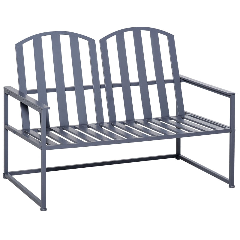 Outsunny Garden Bench Loveseat 2 Seat Chair for Outdoor Park, Yard, Steel Frame, Decorative Slatted Design, Grey