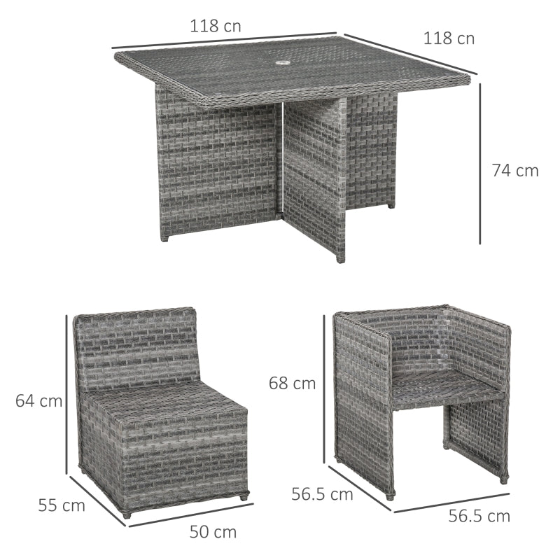 Outsunny Patio 8-Seater Rattan Dining Table Chair Set Garden Wicker Cube Sofa Furniture w/ Umbrella Hole Table for Indoor & Outdoor Mixed Grey