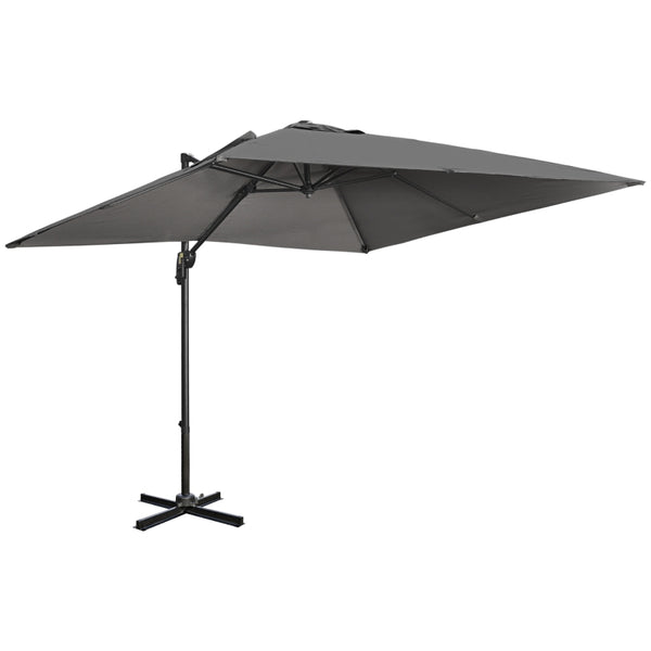 Outsunny 2.7 x 2.7 m Cantilever Parasol, Square Overhanging Umbrella with Cross Base, Crank Handle, Tilt, 360° Rotation and Aluminium Frame, Dark Grey