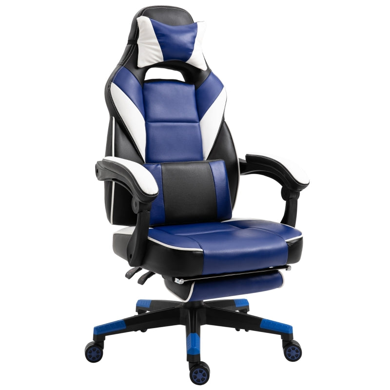 Vinsetto Cool & Stylish Gaming Chair Ergonomic Recliner w/ Thick Padding Footrest Neck & Back Pillow 5 Wheels Racing Swivel Height Adjustable Blue