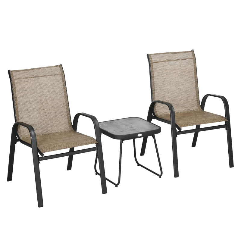 Outsunny 3 Pieces Outdoot Bistro Set, Patio Stackable Armchairs with Breathable Mesh Fabric and PSC Board Coffee Table, Brown