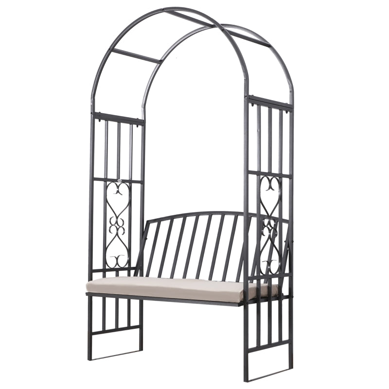 Outsunny Garden Metal Arch Bench, Outdoor Furniture Chair with Cushion Outdoor Patio Rose Trellis Arbour Pergola, for Climbing Plant 114x 60 x 206 cm