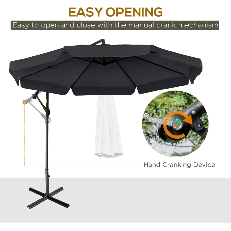 Outsunny 2.7m Banana Parasol Cantilever Umbrella with Crank Handle and Cross Base for Outdoor, Hanging Sun Shade, Black