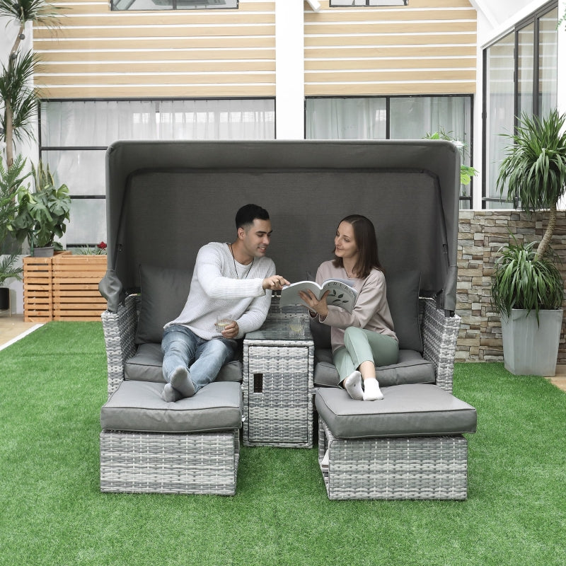 Outsunny 3 Pieces Outdoor PE Rattan Patio Furniture Set Daybed 2-Seater Sofa Footstool Tempered Glass Coffee Table Conversation Set, Olefin Cushion