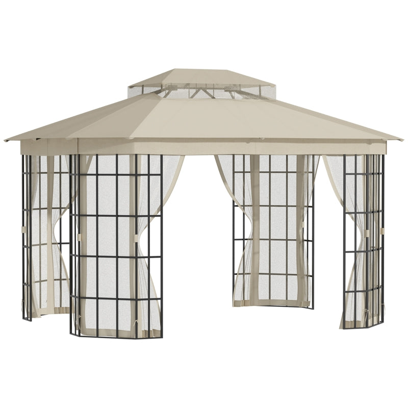 Outsunny 3.7 x 3(m) Patio Gazebo Canopy Garden Tent Shelter with 2 Tiers Roof and Mosquito Netting, Metal Frame, Beige