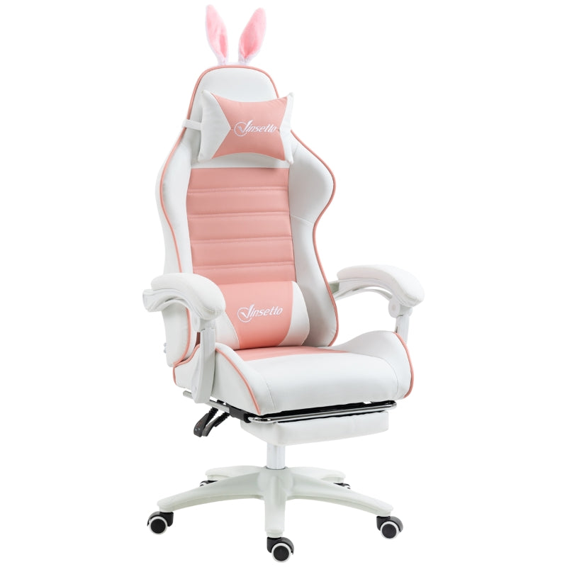 Vinsetto Racing Gaming Chair, Reclining PU Leather Computer Chair with Removable Rabbit Ears, Footrest, Headrest and Lumber Support, Pink