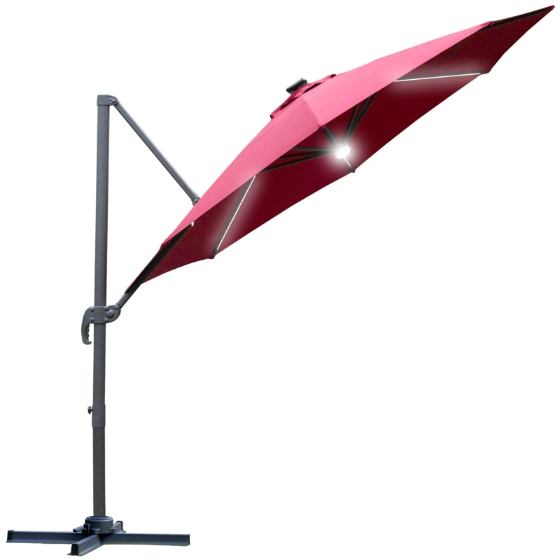 Outsunny 3(m) Cantilever Roma Parasol Adjustable Garden Sun Umbrella with LED Solar Light Cross Base 360° Rotating, Red