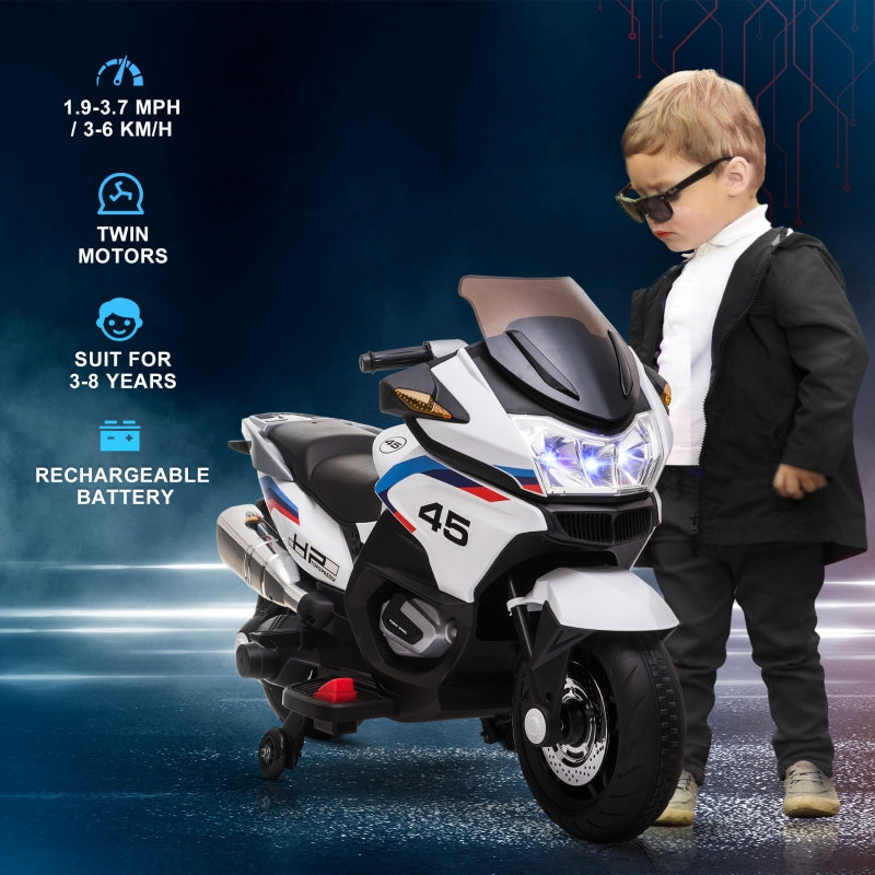 HOMCOM 12V Electric Motorbike with Training Wheels, Battery-Powered Ride on Motorbike for Boys and Girls with Pedal Lights Music Up to 3-6 KM/H White