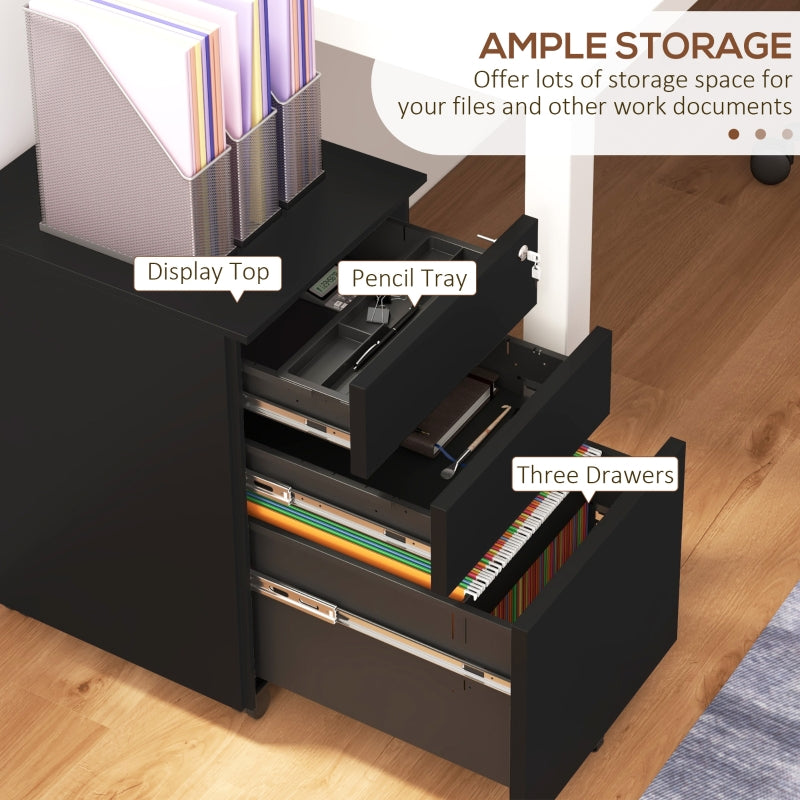 Vinsetto 3-Drawer Vertical Filing Cabinet w/ Lock & Pencil Tray, Steel Mobile File Cabinet w/ Adjustable Hanging Bar for A4, Legal Size, Black