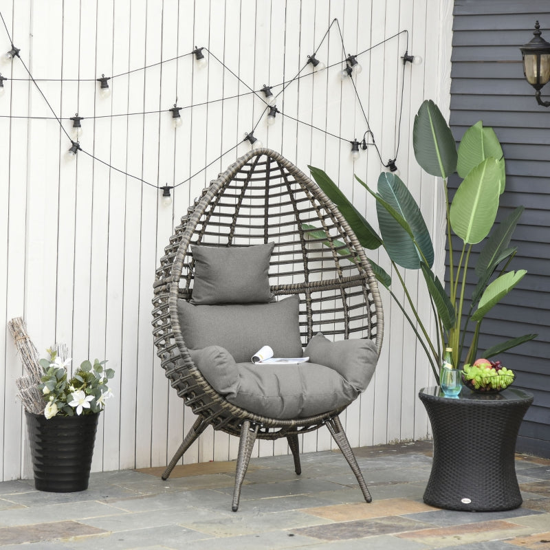 Outsunny Outdoor Indoor Rattan Egg Chair Wicker Weave Teardrop Chair with Cushion Grey