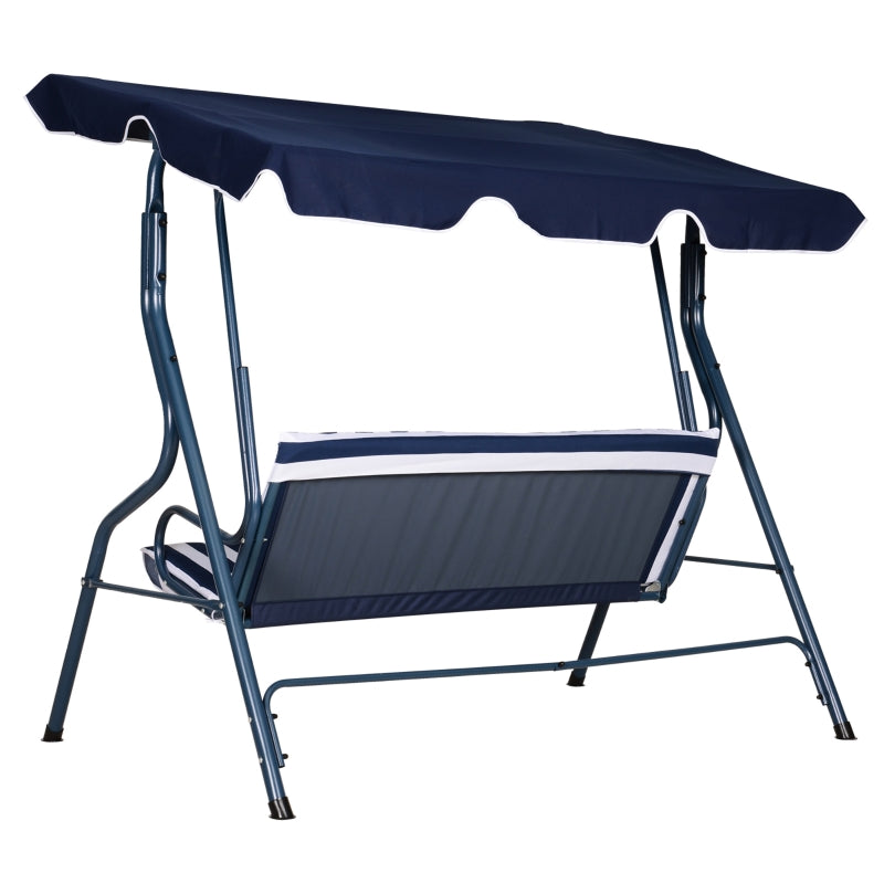 Outsunny 3 Seater Garden Swing Chair， Outdoor Garden Bench with Adjustable Sun Cover and Metal Frame - Blue Stripes