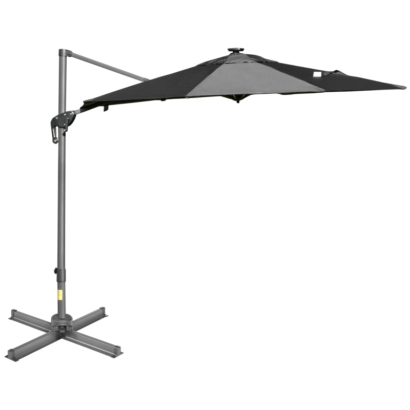 Outsunny 3m Cantilever Roma Parasol Adjustable Garden Sun Umbrella with LED Solar Light, Aluminum Frame, Tilt & Crank, UV50+, Dark Grey