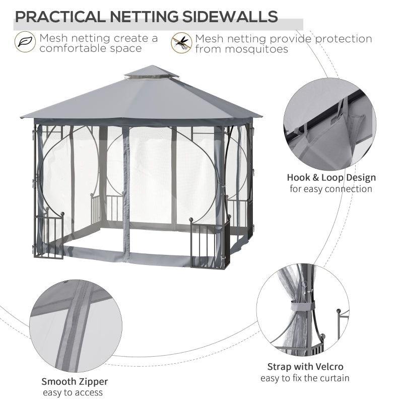 Outsunny 3 x 3 M Garden Gazebo Patio Party Tent Shelter Outdoor Canopy Double Tier Sun Shade Metal Frame Light Grey