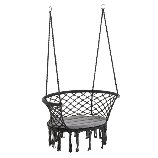 Outsunny Hanging Hammock Chair Cotton Rope Porch Swing with Metal Frame and Cushion, Large Macrame Seat for Patio, Bedroom, Living Room, Dark Grey