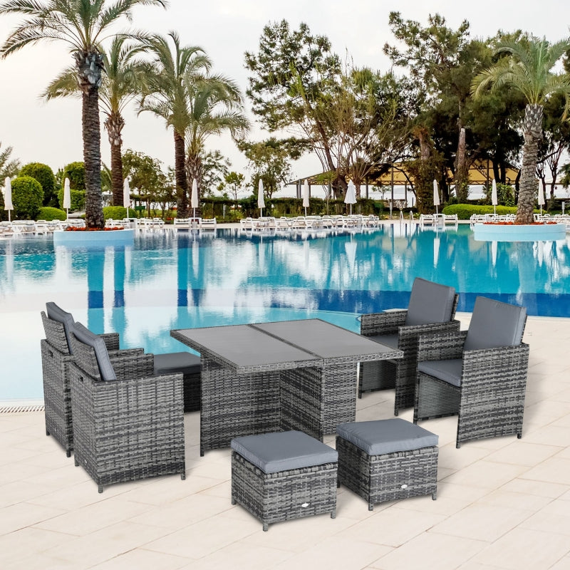 Outsunny 9PC Rattan Dining Set Garden Furniture 8-seater Wicker Outdoor Dining Set Chairs + Footrest + Table Thick Cushion - Grey