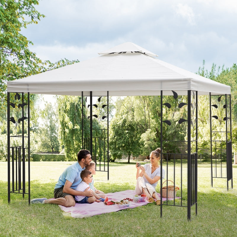 Outsunny 3 x 3m Outdoor Garden Steel Gazebo with 2 Tier Roof, Patio Canopy Marquee Patio Party Tent Canopy Shelter Vented Roof Decorative Frame Cream