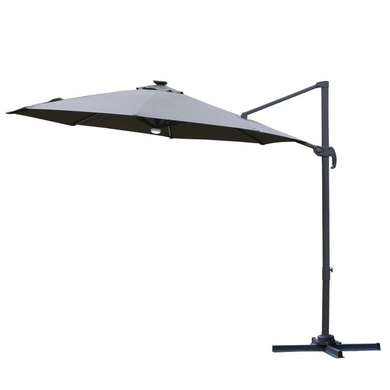 Outsunny 3(m) Cantilever Roma Parasol Garden Sun Umbrella Outdoor Patio with LED Solar Light Cross Base 360° Rotating, Grey